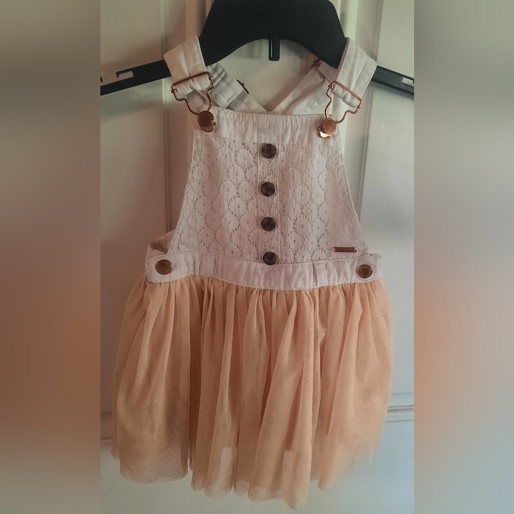 Tahari girls overall White And Peach tulle sparkle tutu dress. Size 4